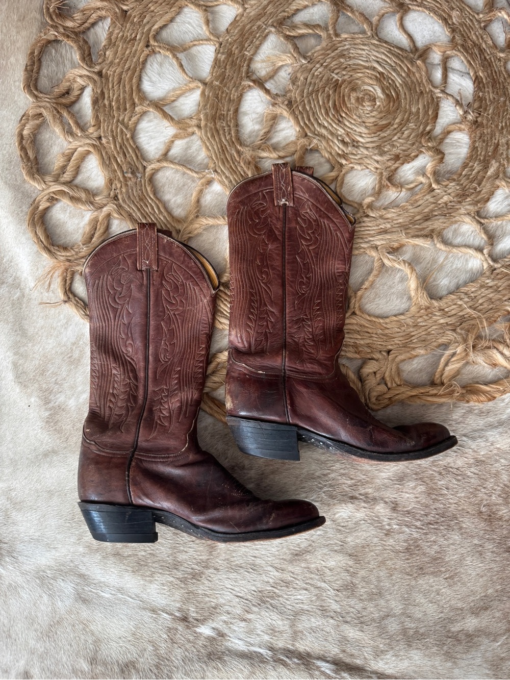 Tony Lama Tan and Brown Embroidered Leather Boot Interior